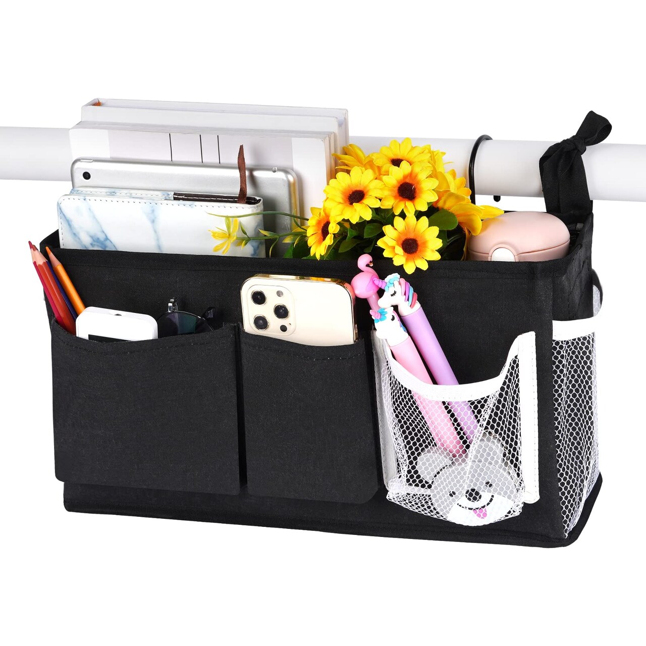 Bedside Caddy/Bedside Storage Bag Hanging Organizer for Bunk and Hospital Beds,Dorm Rooms Bed Rails,Can be Placed Glasses,Books,Mobile Phones,Keys (New Black-1)